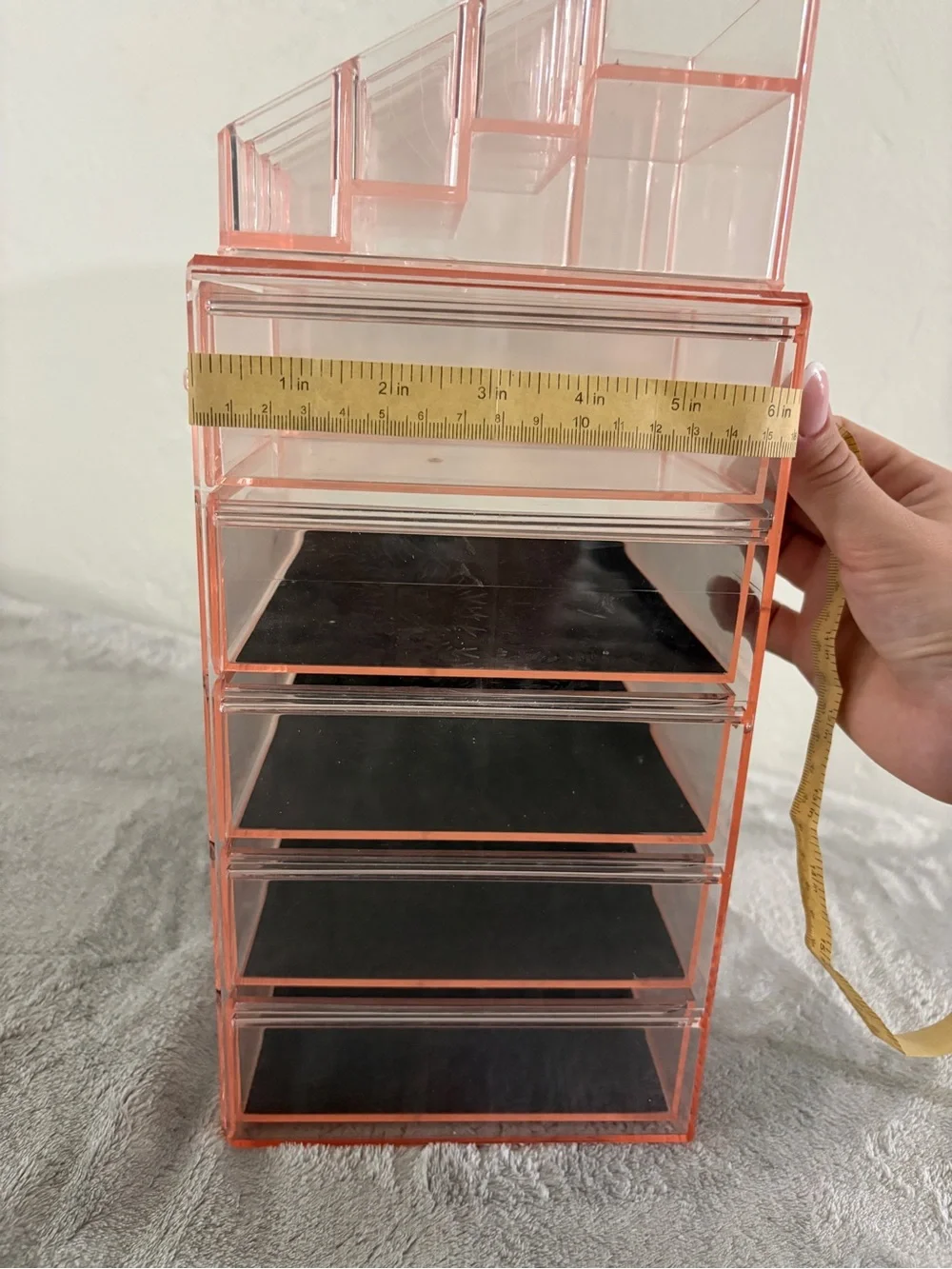 Pink Acrylic Makeup Organizer with 6 Drawers and Top Compartments